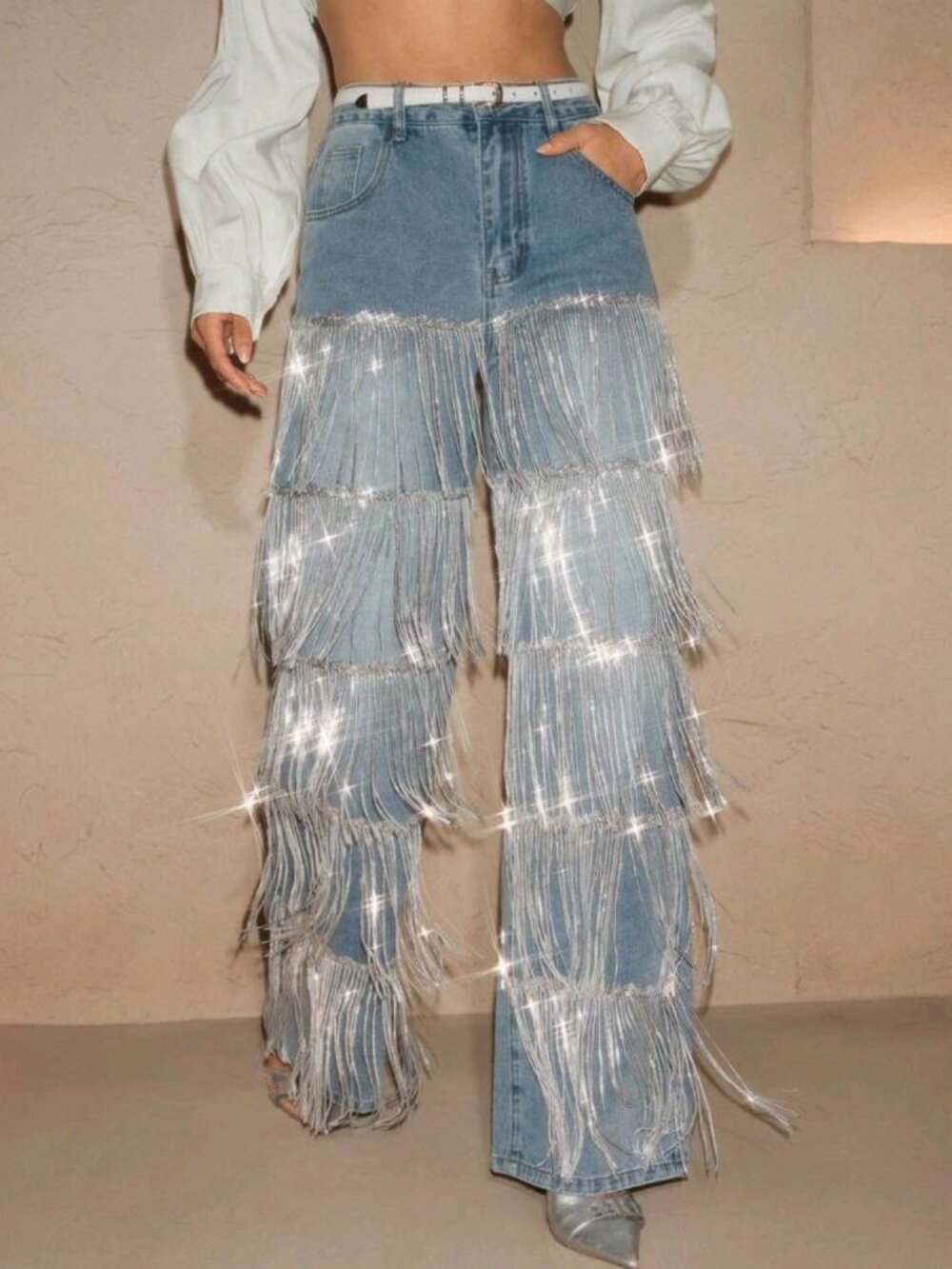Women's Fashion New Flowy Tassel Blue Straight Leg Jeans